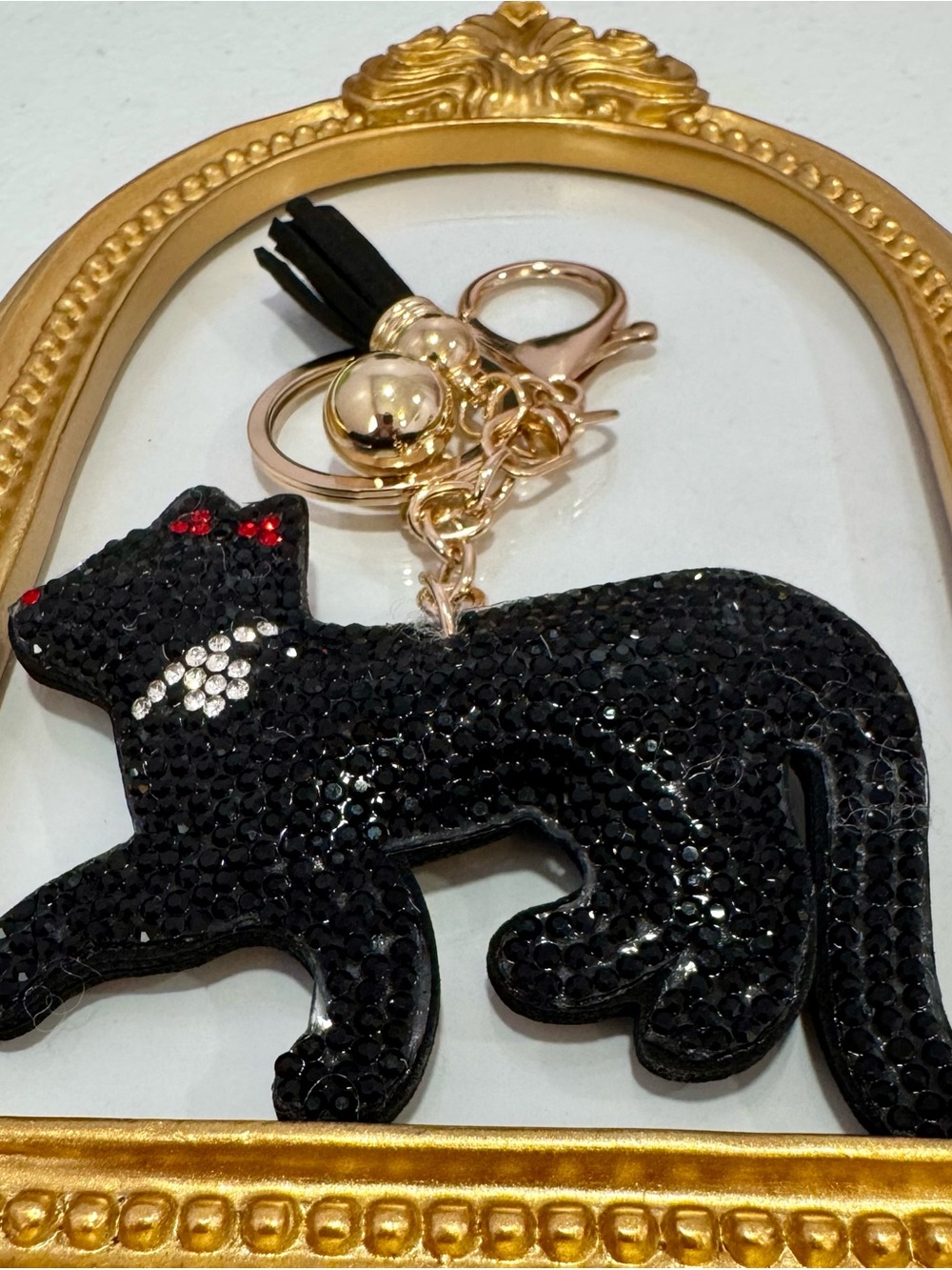 New Black Crystal Cat Keychain with Gold Hardware